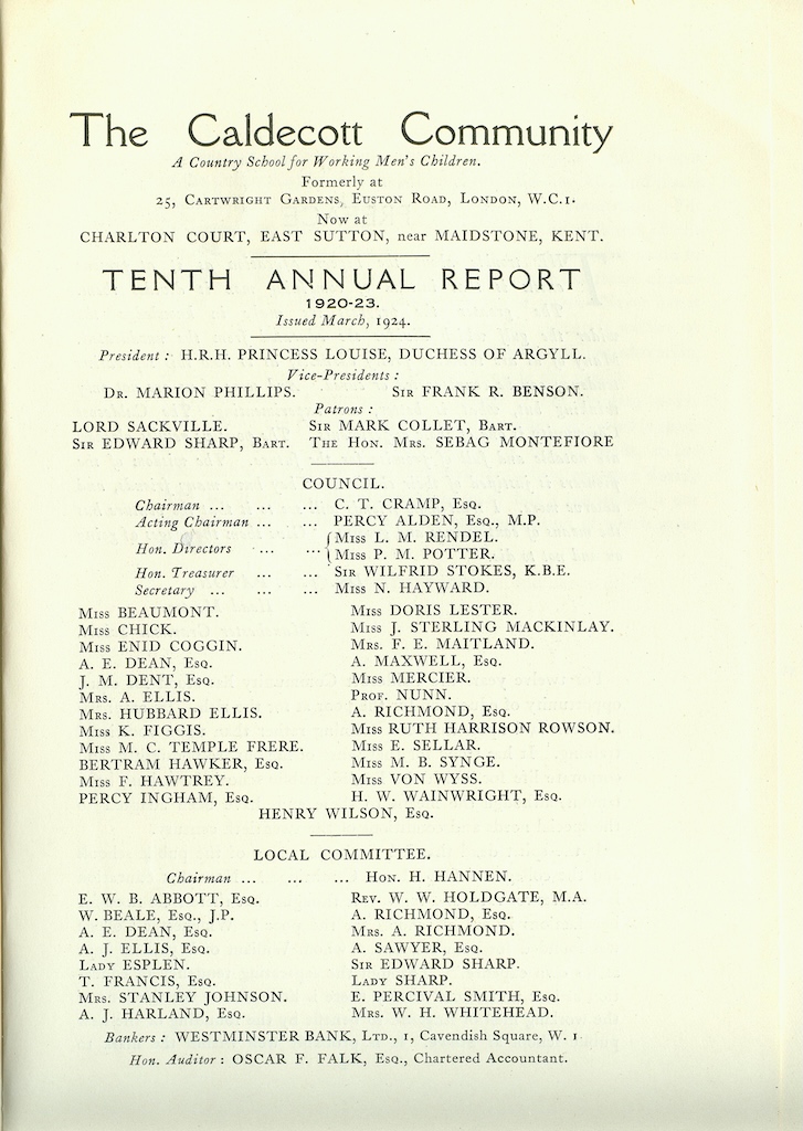 Caldecott Community 10th Annual Report, 1920-1923, page 1