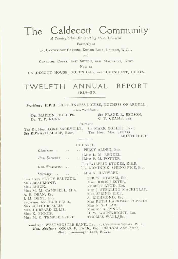 Caldecott Community 12th Annual Report, 1924-1925, page 1