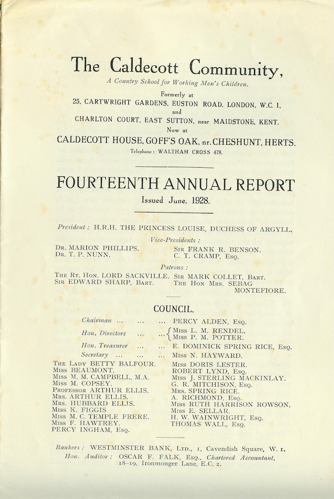 Caldecott Community 14th Annual Report, 1926-1927, page 1