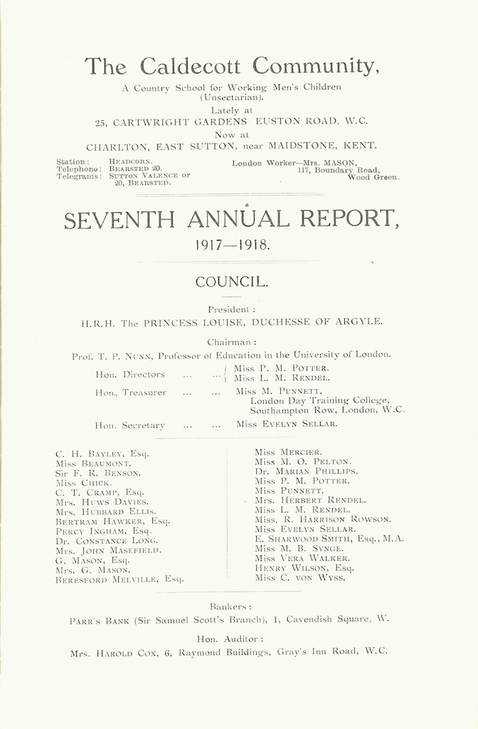 Caldecott Community 7th Annual Report 1917-1918 (issued March 1919), page 1