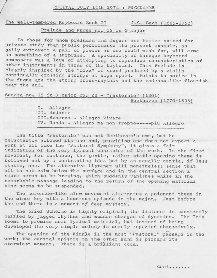 Piano recital programme 14.07.74 page 1