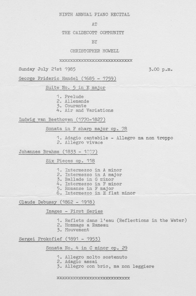 Ninth annual piano recital programme 21.07.85