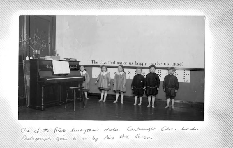 Caldecott classroom shown in the Annual Report for 1913-14. One of the first Eurythmic classes, at  Cartwright Gardnens, London. Photograph given by Miss Ruth Rowson
